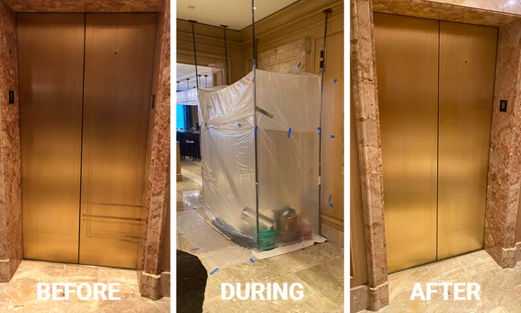 Before, During, and After images of a brass elevator.