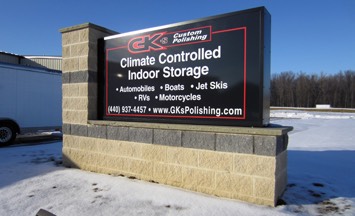 Sign for GK's Custom Polishing Climate Controlled Indoor Storage