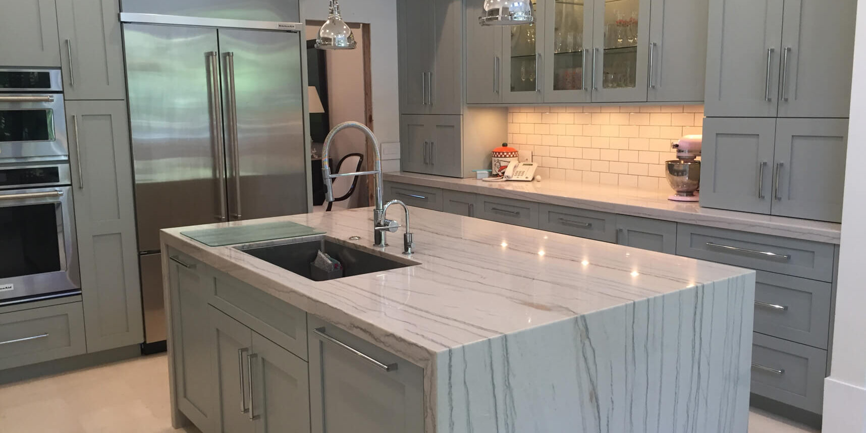 Quartzite Kitchen Countertops - White Marble Island